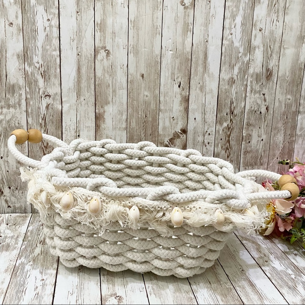 Boho Handwoven Thick Cotton Cord Rectangular Storage Basket w/ Cowrie Shell